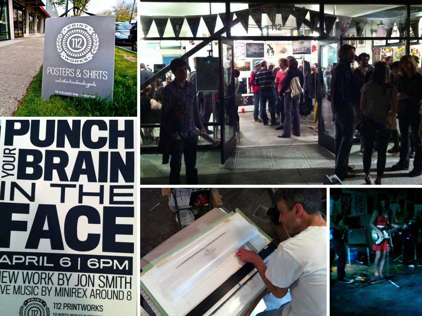 112 PrintWorks montage: sandwich board, opening crowd, flier close-up, Rick at press, live show
