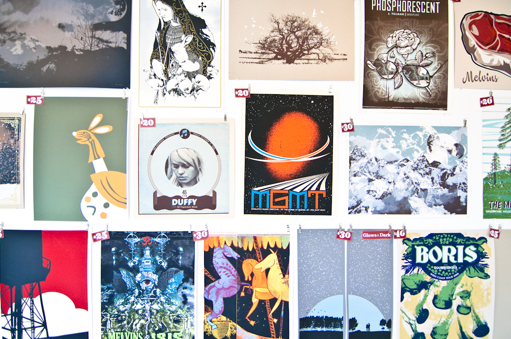 Colorful poster wall at 112 PrintWorks, MGMT, Boris, Melvins, Phosphorescent