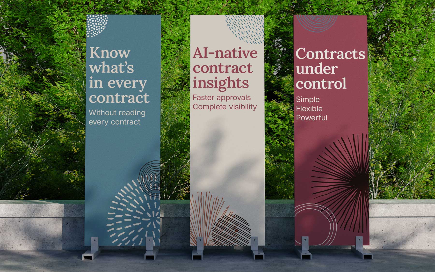 Icertis identity system — palette, marks, and typography applied across brand surfaces