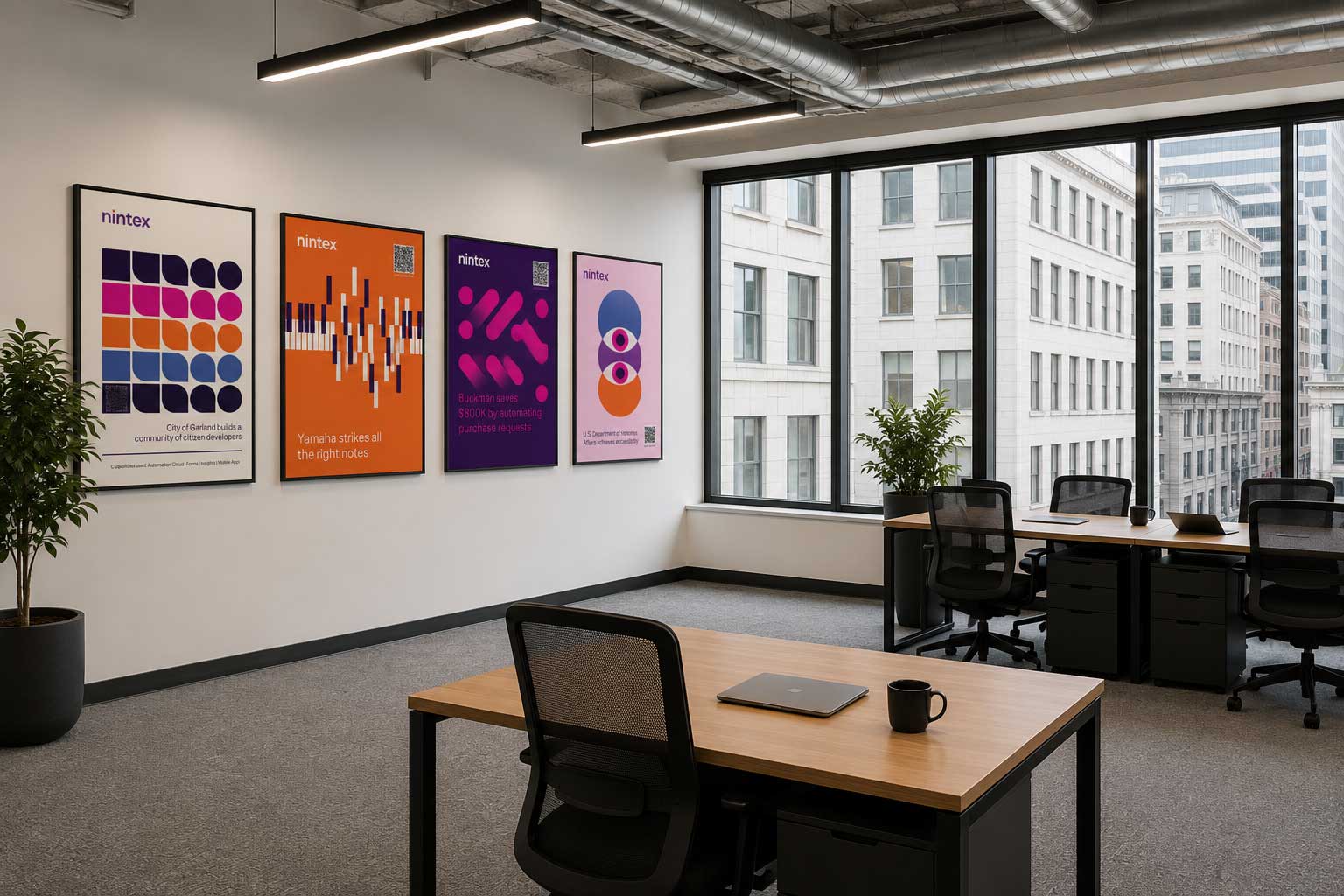 Nintex postcard posters hung as art in the Recharge Club